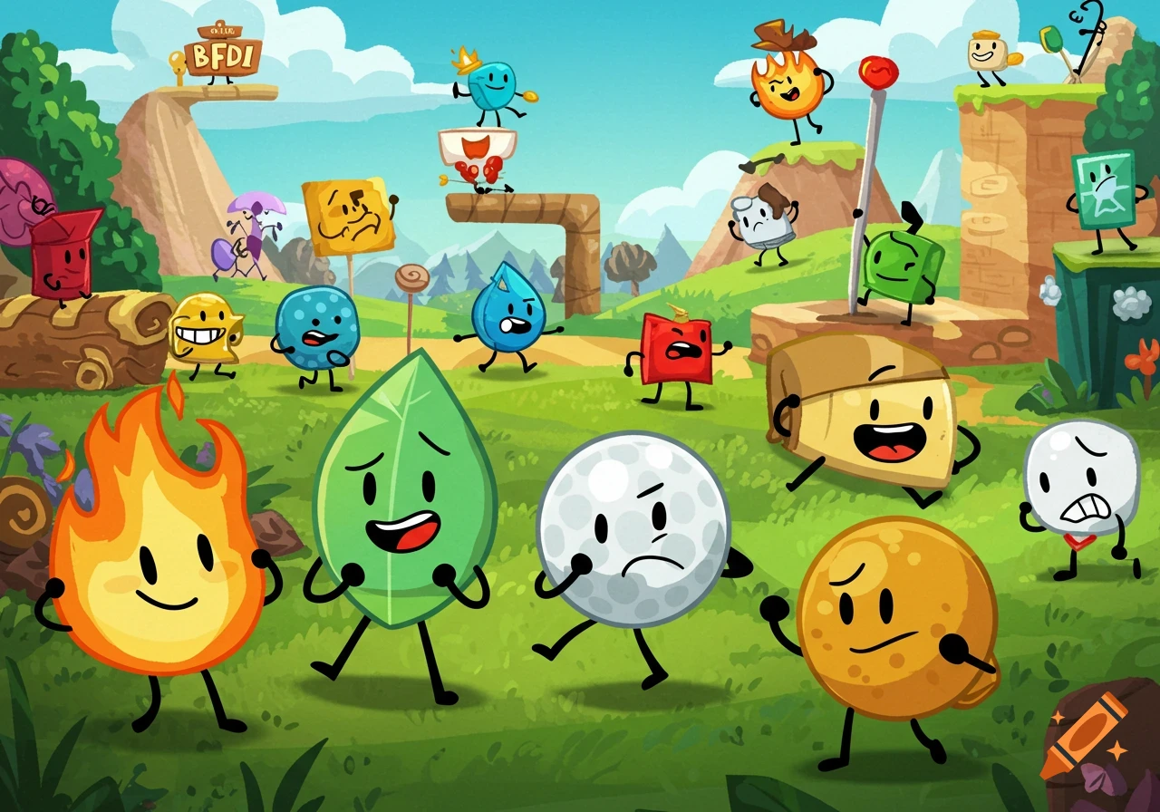 A vibrant cartoon landscape with many anthropomorphic object characters from BFDI posing and running, including Firey, Leafy, and Golf Ball.
