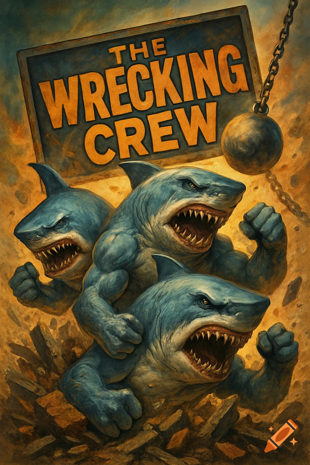 A stylized poster showing three muscular, anthropomorphic sharks with fierce expressions and bared teeth, breaking through rubble. Above them is a sign that reads "THE WRECKING CREW" and a wrecking ball.