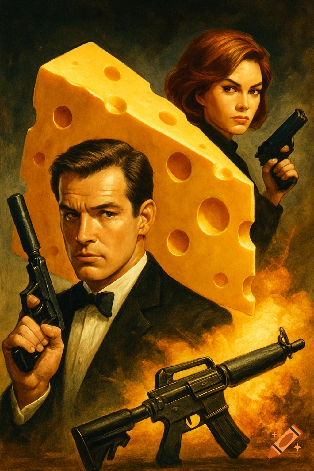A man in a suit and a woman hold pistols, set against a fiery background with a giant block of Swiss cheese in this vintage action movie poster.