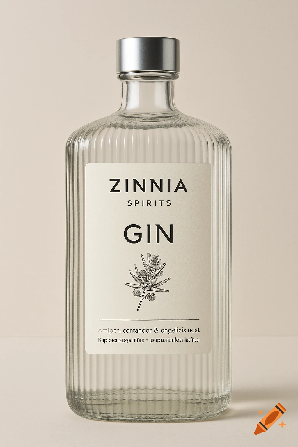 A clear ribbed glass bottle of Zinnia Spirits Gin with a silver cap and a white label featuring botanical illustrations.