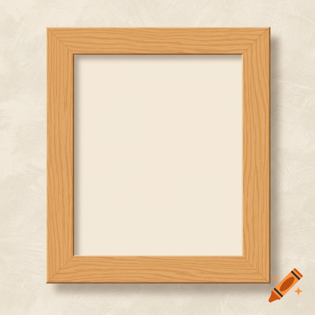 A rectangular wooden photo frame with an empty center, casting a shadow on a textured light beige wall.