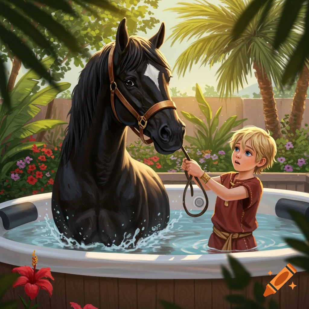 An illustrated young boy in a jacuzzi holds the reins of a black horse also in the water, set in a lush tropical garden.