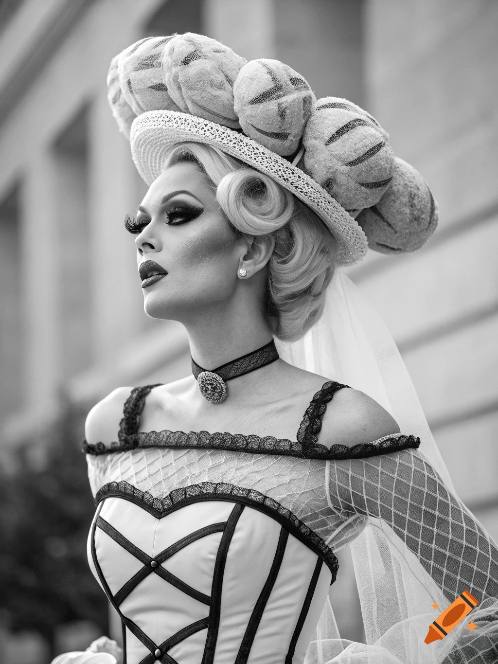 Black and white photorealistic portrait of a drag queen in an elaborate gown with a corset, a hat adorned with bread, and a mesh veil.