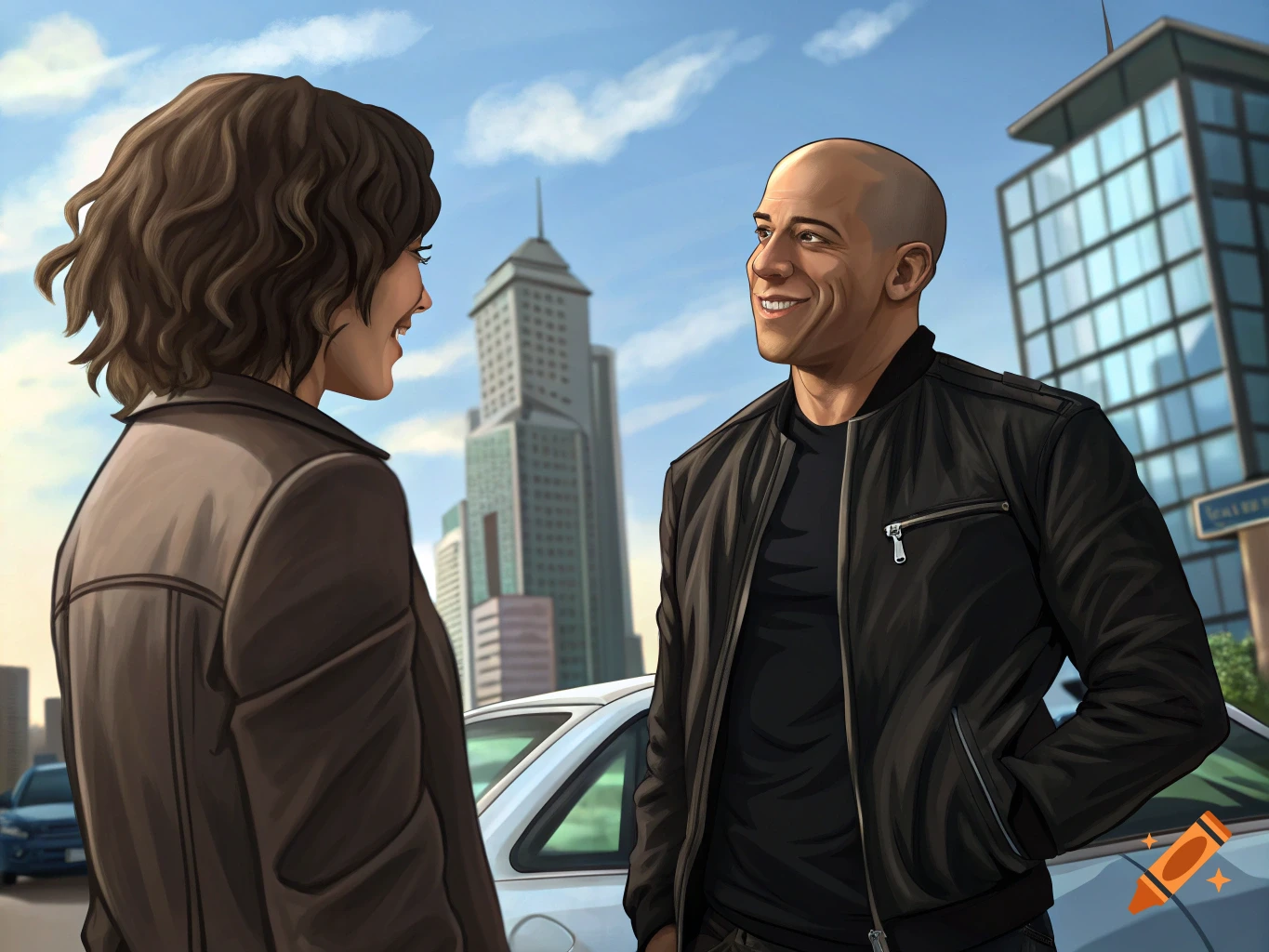 A cartoon-style illustration of Vin Diesel smiling and looking at a woman with curly hair, both standing on a city street with buildings and cars.