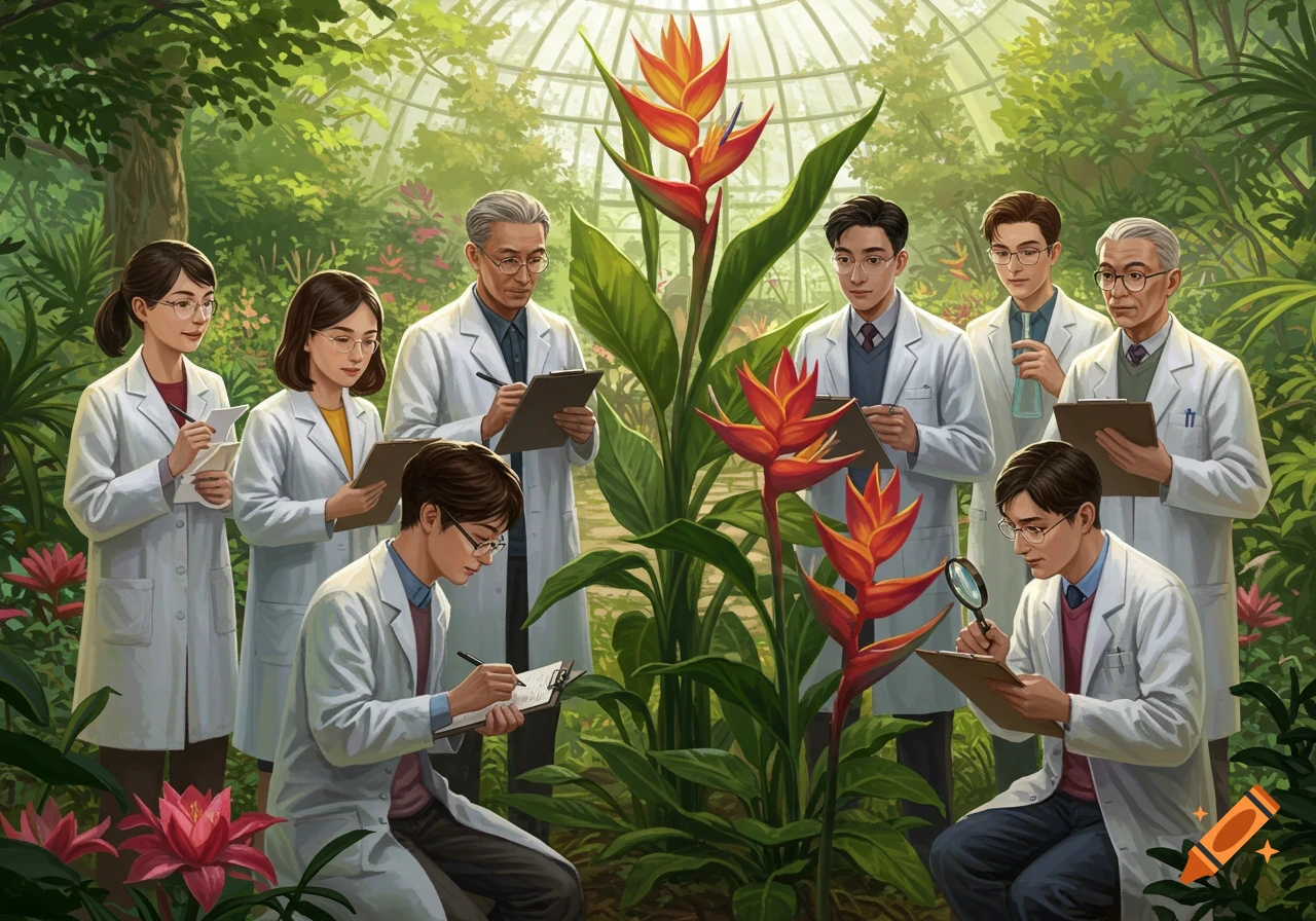 A group of scientists in lab coats studying large tropical plants and taking notes inside a lush greenhouse.