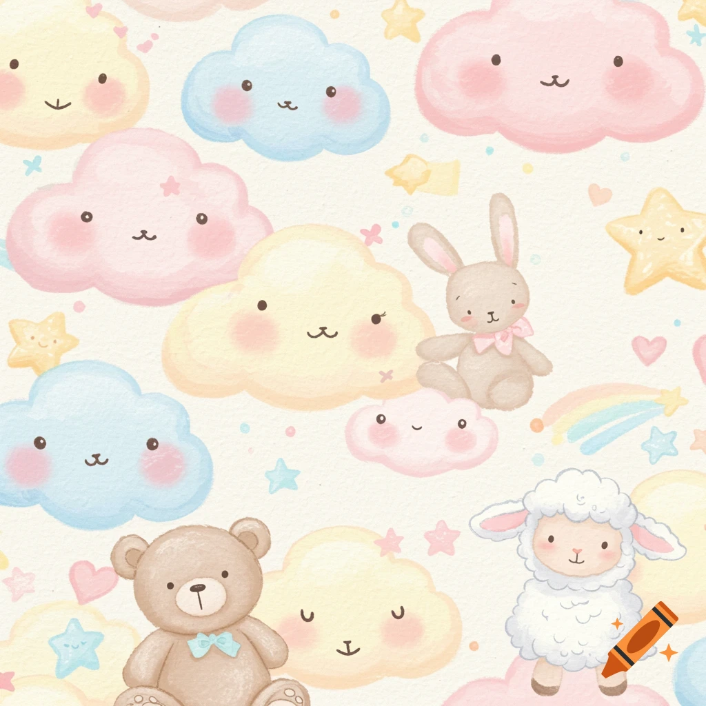 A seamless pastel watercolor pattern featuring smiling clouds, stars, a bunny, a bear, and a sheep.