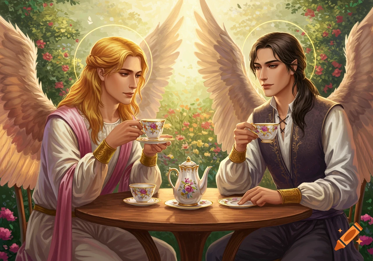 Two male angels with wings and halos drink tea at a table in a sunlit, lush garden.