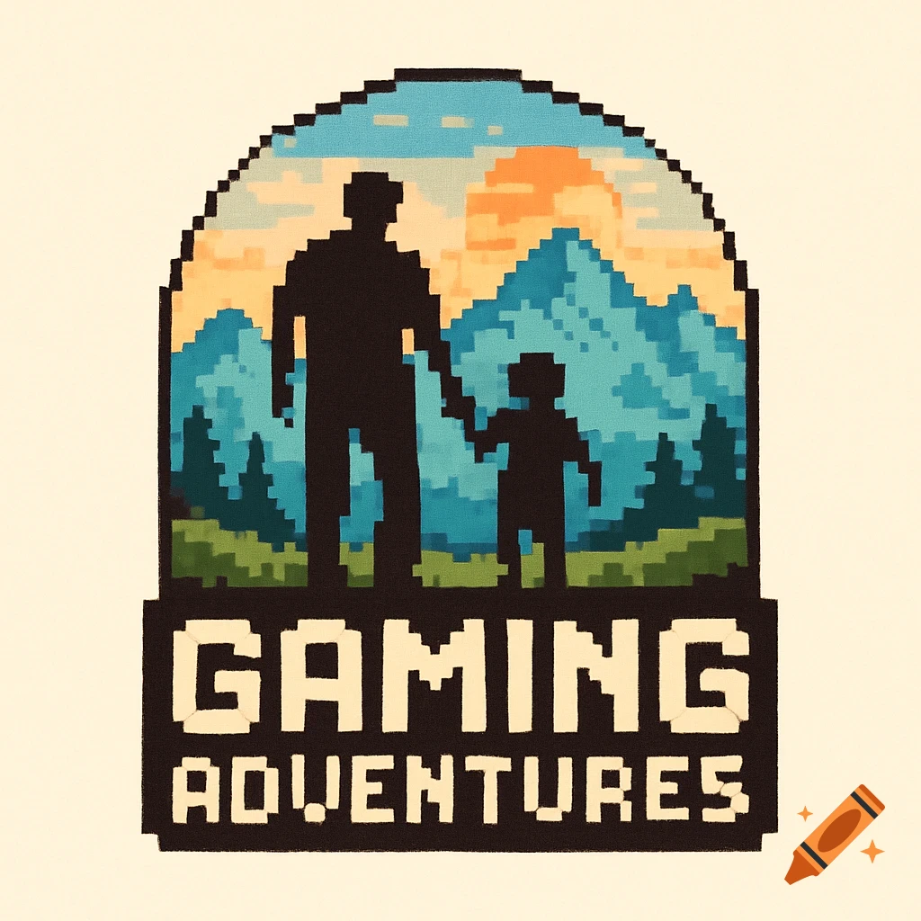 A pixel art logo featuring a father and son silhouette holding hands against mountains and a sunset, with "GAMING ADVENTURES" text.