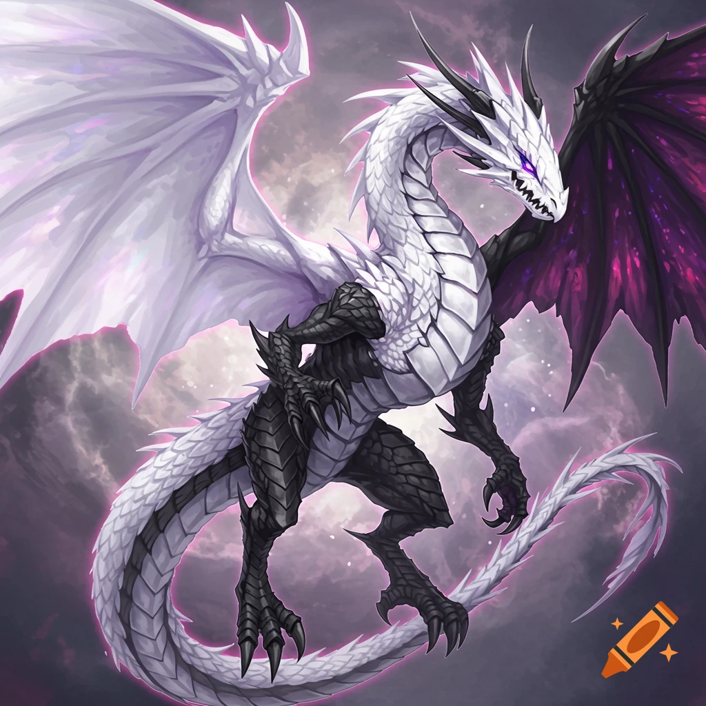 A detailed fantasy illustration of a white and black dragon with one white wing and one purple wing, and glowing purple eyes, against a cloudy background.