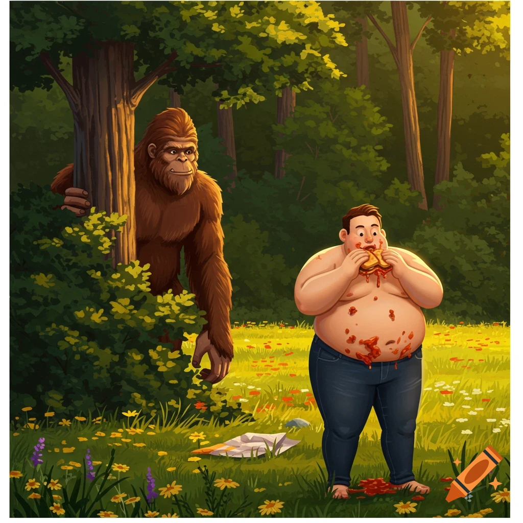 A cartoon illustration of Bigfoot peeking from behind a tree, watching an overweight man covered in food sauce eating a sandwich in a grassy forest.