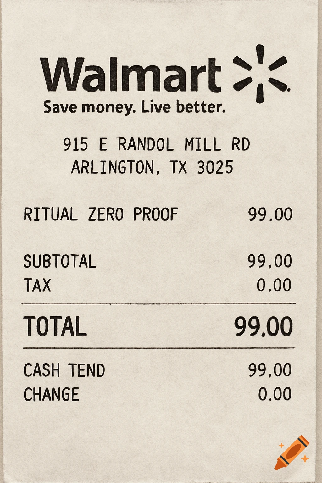 A close-up shot of a Walmart receipt for Ritual Zero Proof totaling $99.00, showing the store address and purchase details.
