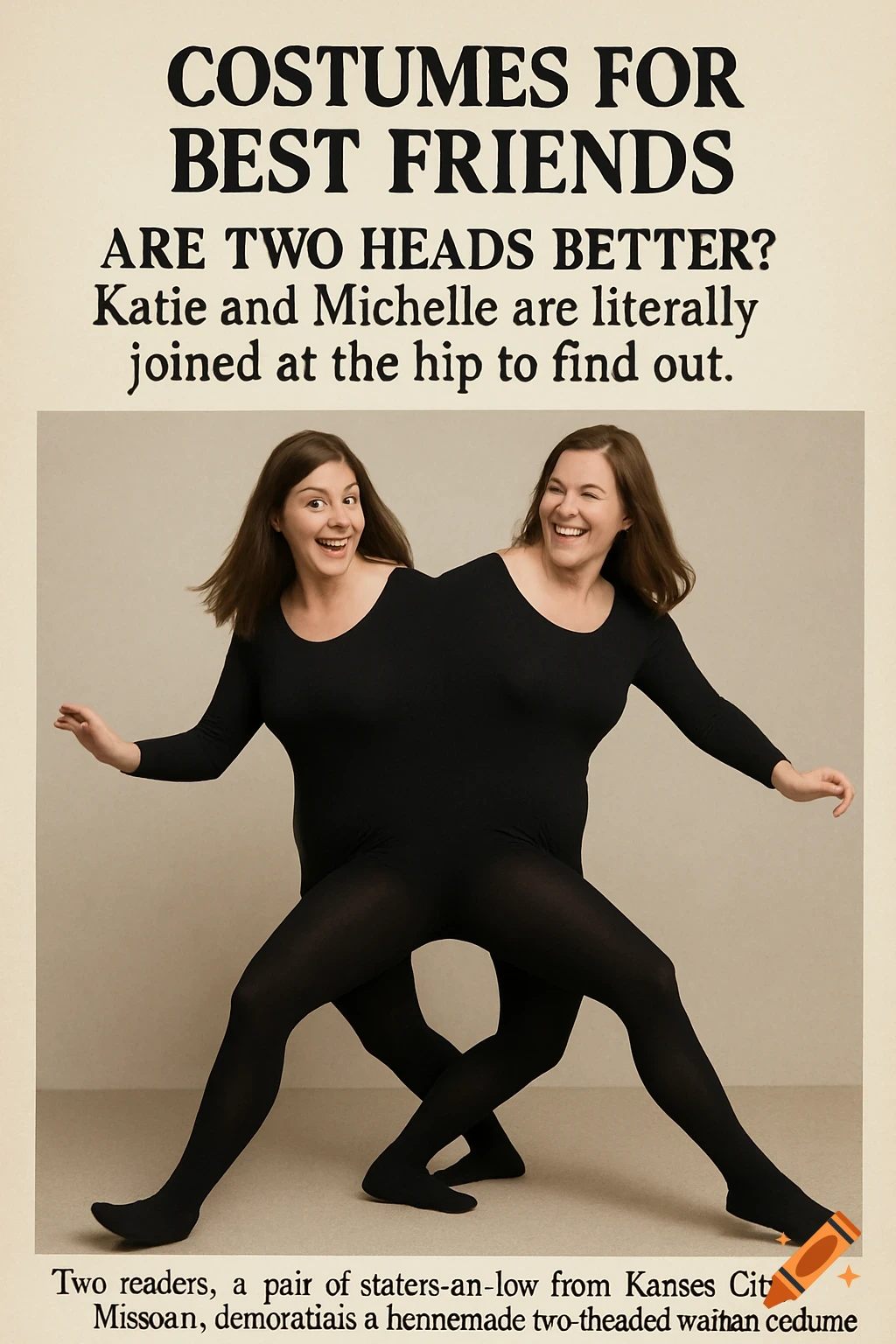 A vintage-style poster shows two women with separate heads but a single conjoined body in a black bodysuit, smiling and posing. Text reads 'Costumes for Best Friends'.