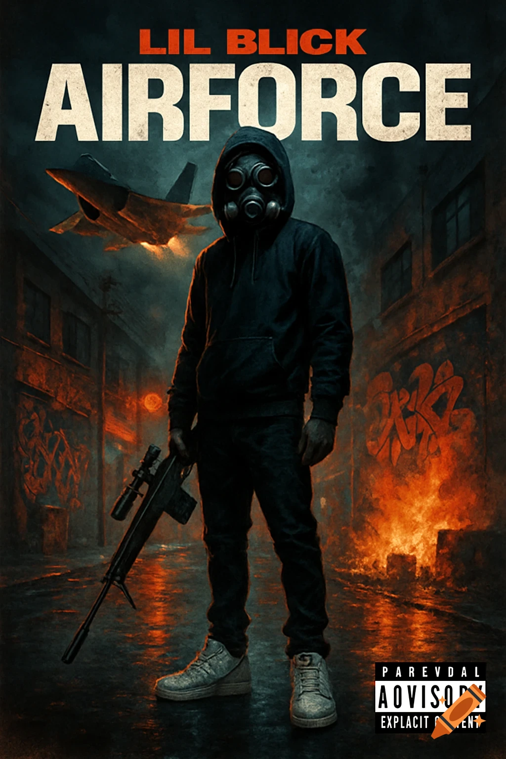 A gritty album cover featuring a person in a black hoodie and gas mask, holding a sniper rifle on a wet street. A fighter jet flies overhead amidst graffiti and flames, with 'LIL BLICK AIRFORCE' text.