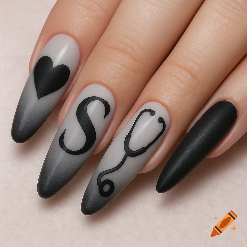 Close-up of a hand with black and white ombre stiletto nails featuring a heart, the letter S, and a stethoscope.