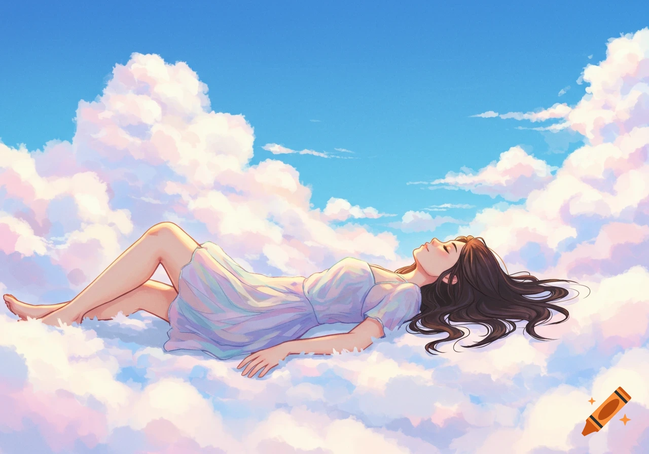 An anime illustration of a woman with dark hair lying peacefully on soft, pastel-colored clouds under a blue sky.