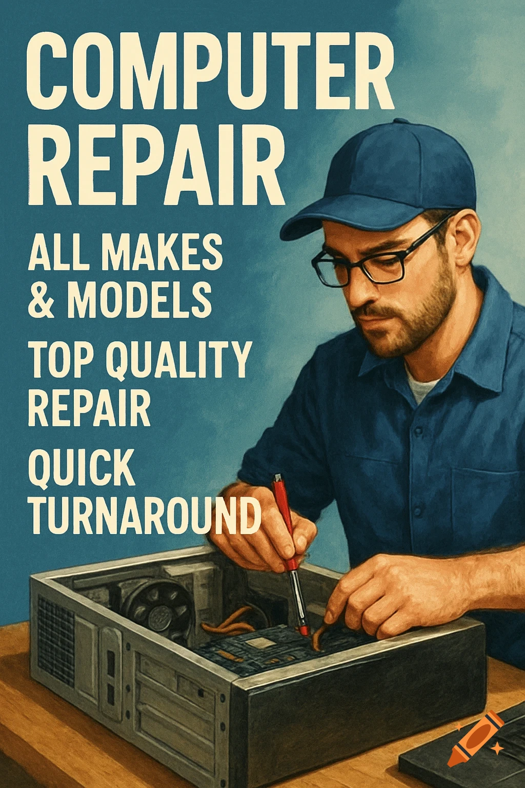 A man in a blue shirt and cap repairs a computer with a tool, depicted in a digital painting. Text reads 'COMPUTER REPAIR'.
