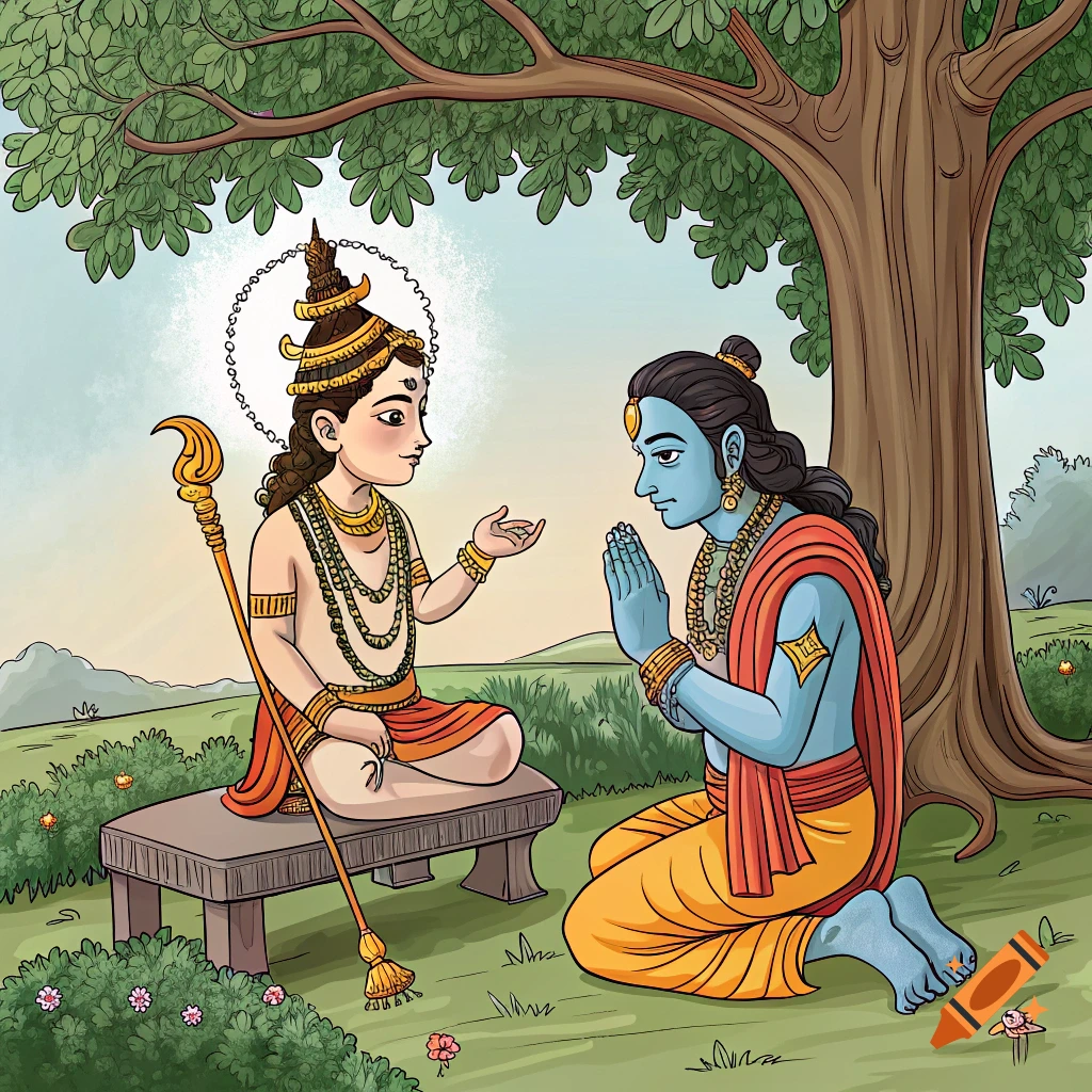 A seated Hindu deity speaks to a kneeling, blue-skinned deity under a tree in a traditional illustration style.