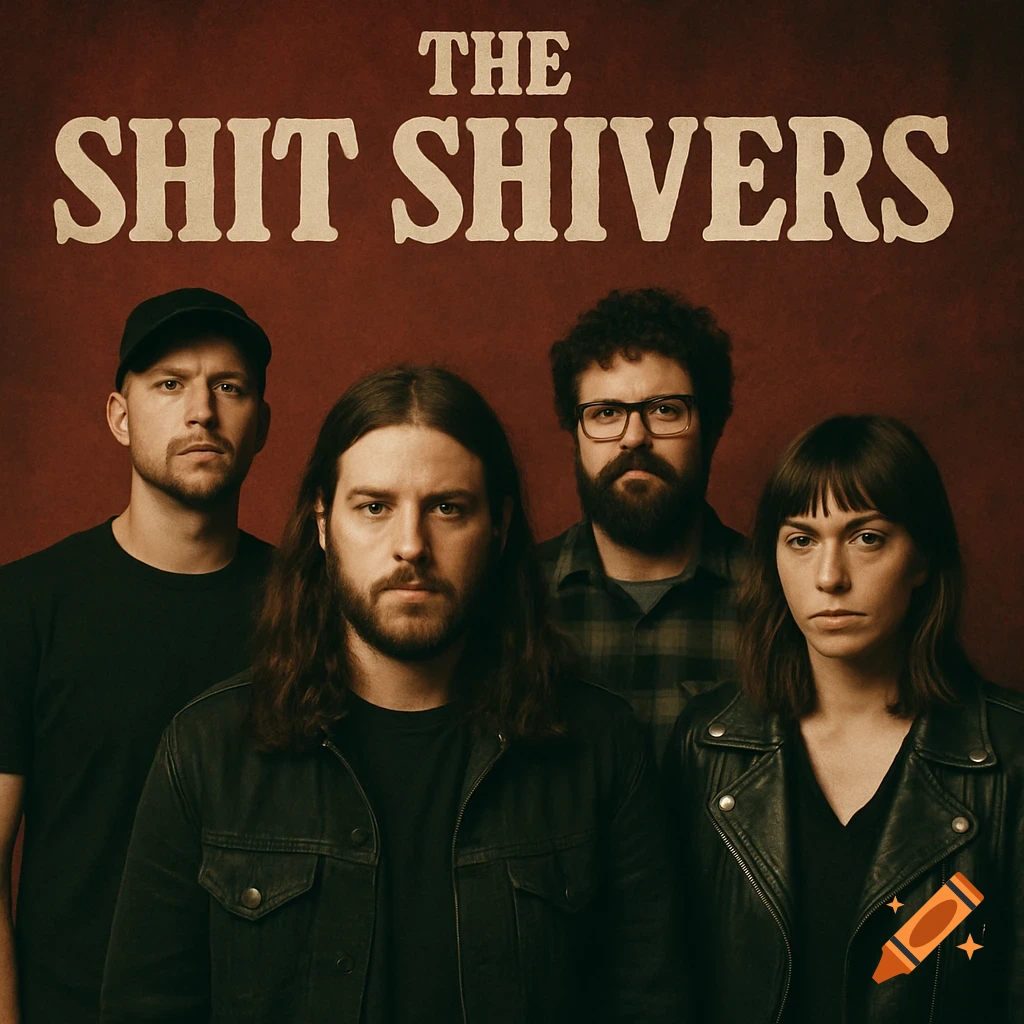 A band photo featuring four serious-looking musicians, three men and one woman, against a red background with 'THE SHIT SHIVERS' text above.