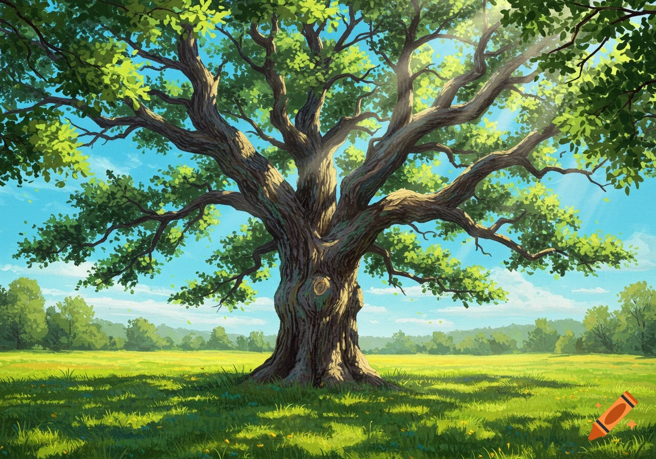 A large, ancient oak tree with a wide canopy of green leaves stands in a sunlit grassy field under a bright blue sky.