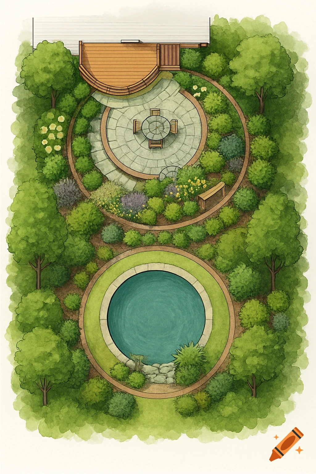 An overhead watercolor-style landscape design plan for a circular three-tiered backyard featuring a deck, stone patio with dining area, various plants and bushes, a wooden bench, and a large circular natural swimming pool.