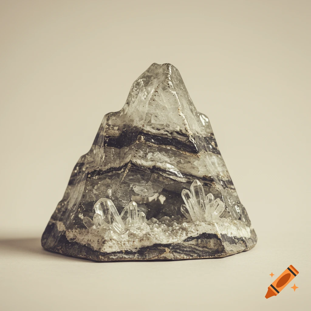 A vintage miniature model of a translucent glass mountain with clear crystal formations inside.
