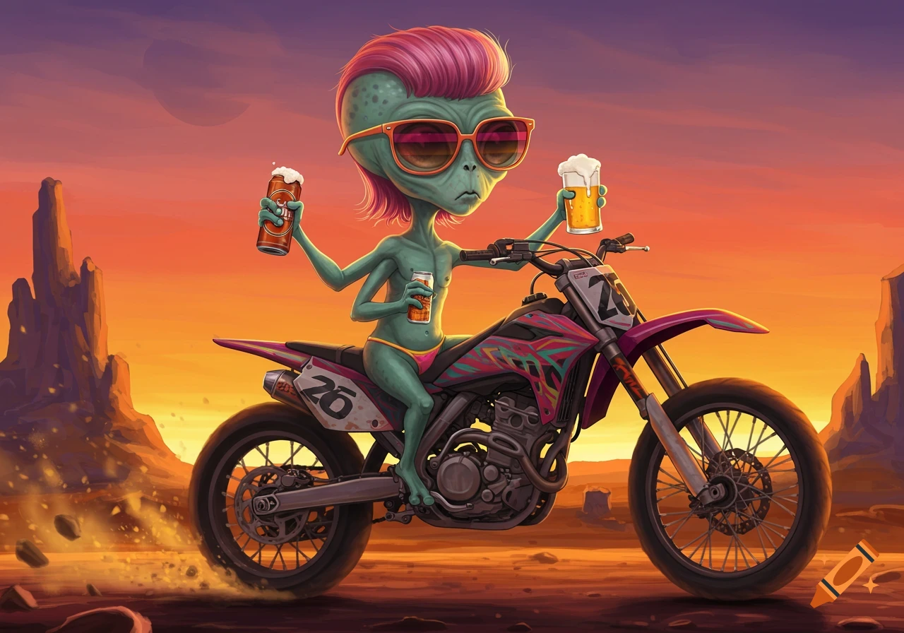 A stylized alien with a pink mullet and sunglasses rides a dirt bike in a desert, holding two beers.