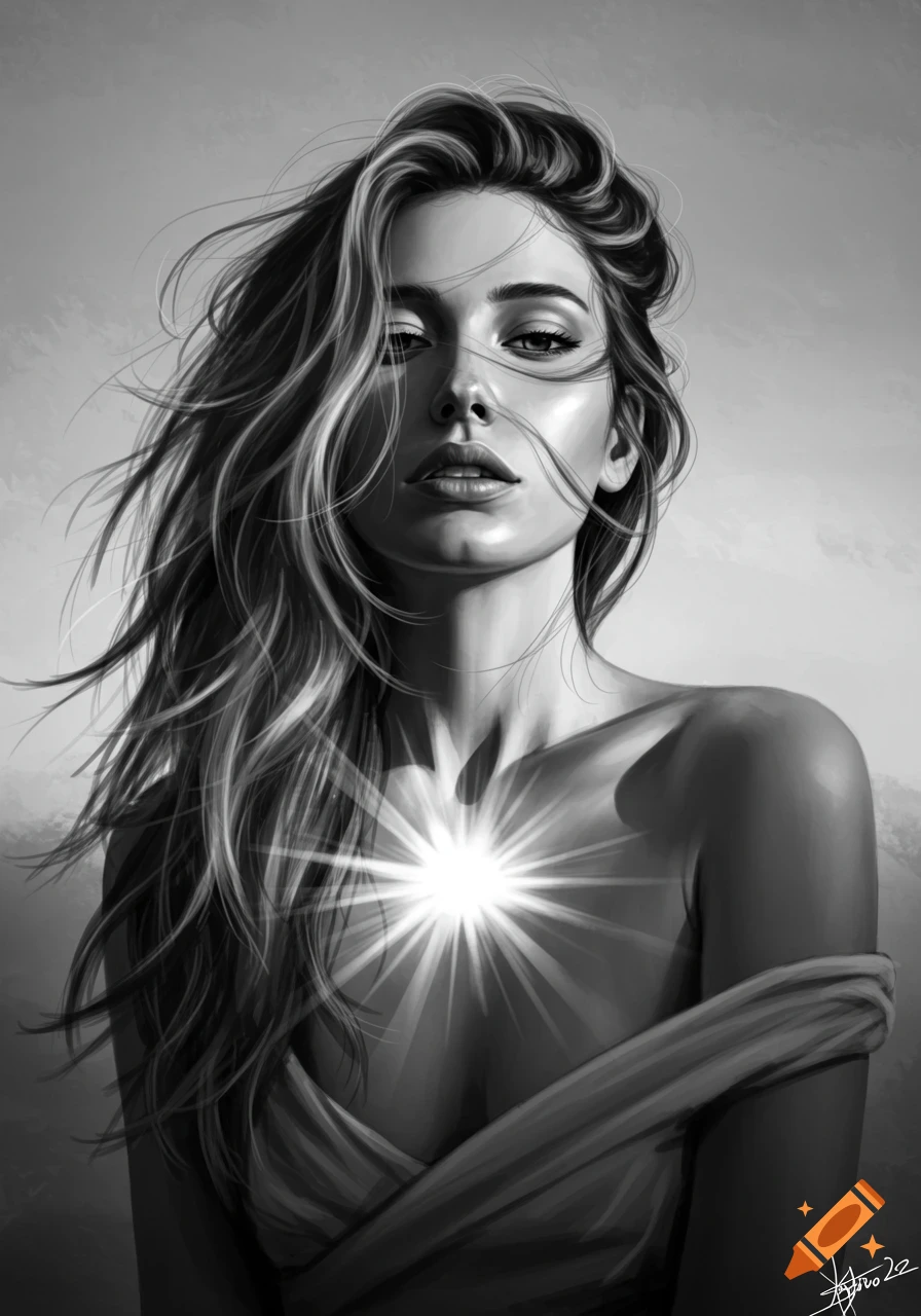 Black and white digital art portrait of a woman with long flowing hair and bright sun rays emanating from her chest.