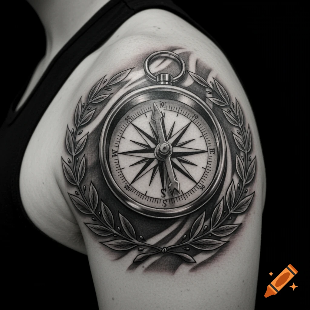 A photorealistic black and white tattoo of a compass surrounded by a laurel wreath on a shoulder.