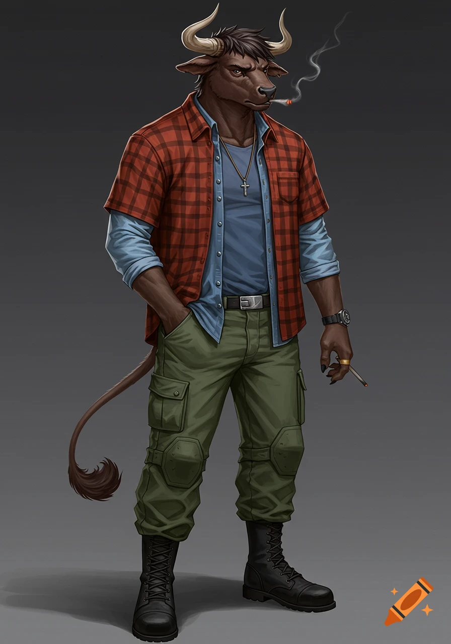 An anthropomorphic dark brown ox in a red plaid shirt, blue long-sleeve, green cargo pants, and black boots, smoking a cigarette.