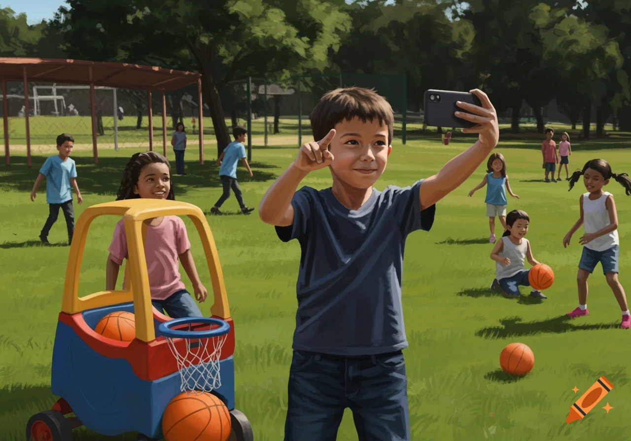 An illustrated scene of children playing in a park, with one boy taking a selfie while others play near a toy basketball hoop.