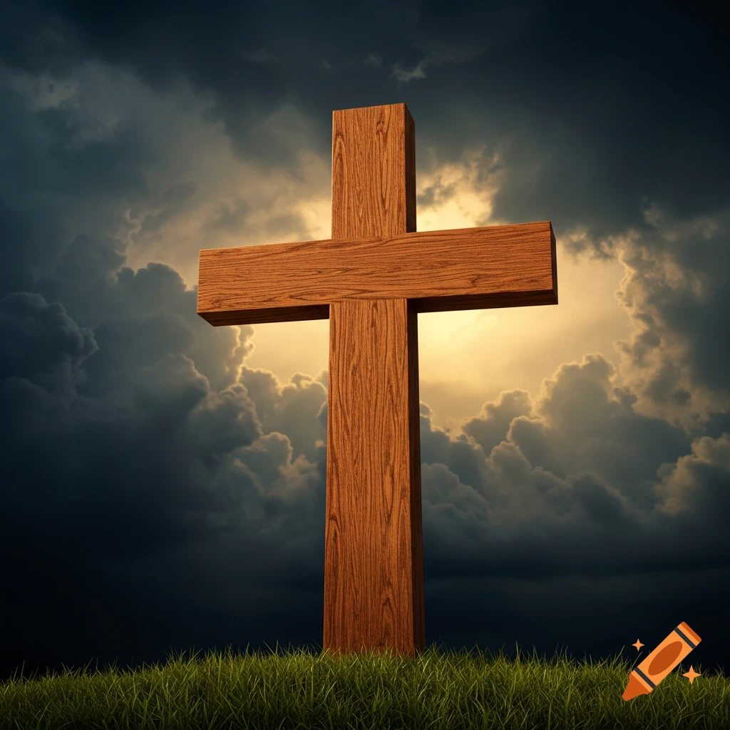 A photorealistic image of a wooden cross standing on green grass beneath a dramatic sky with dark clouds and light breaking through.