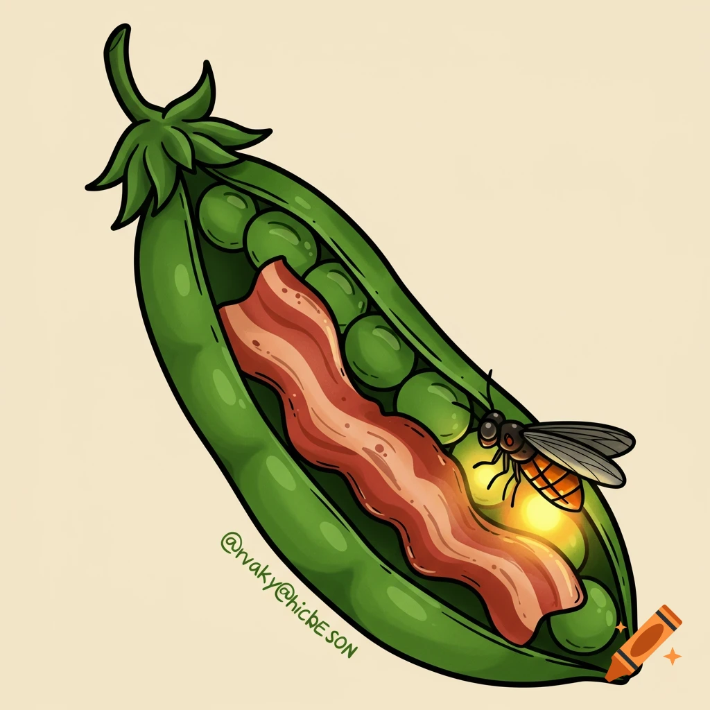 A tattoo-style drawing of an open pea pod containing a strip of bacon and a glowing firefly.