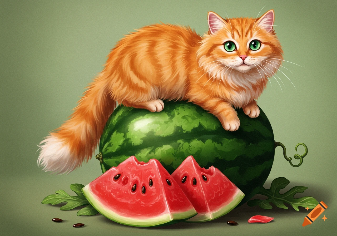 A fluffy orange cat with green eyes sits on a large watermelon, with two slices in the foreground. Illustrated style.