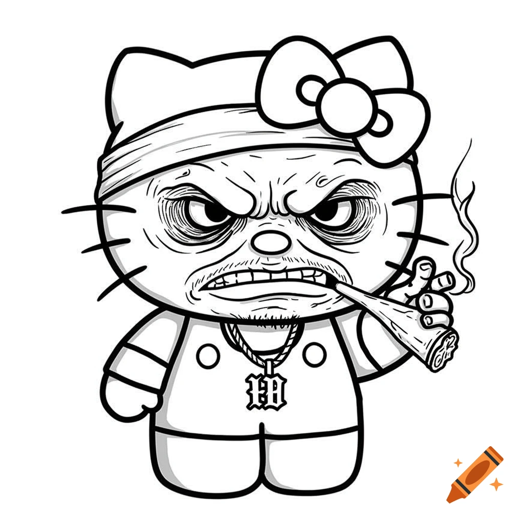 Black line art illustration of Hello Kitty with a thug's face, wearing a bandana and a chain with a medallion, smoking a spliff.