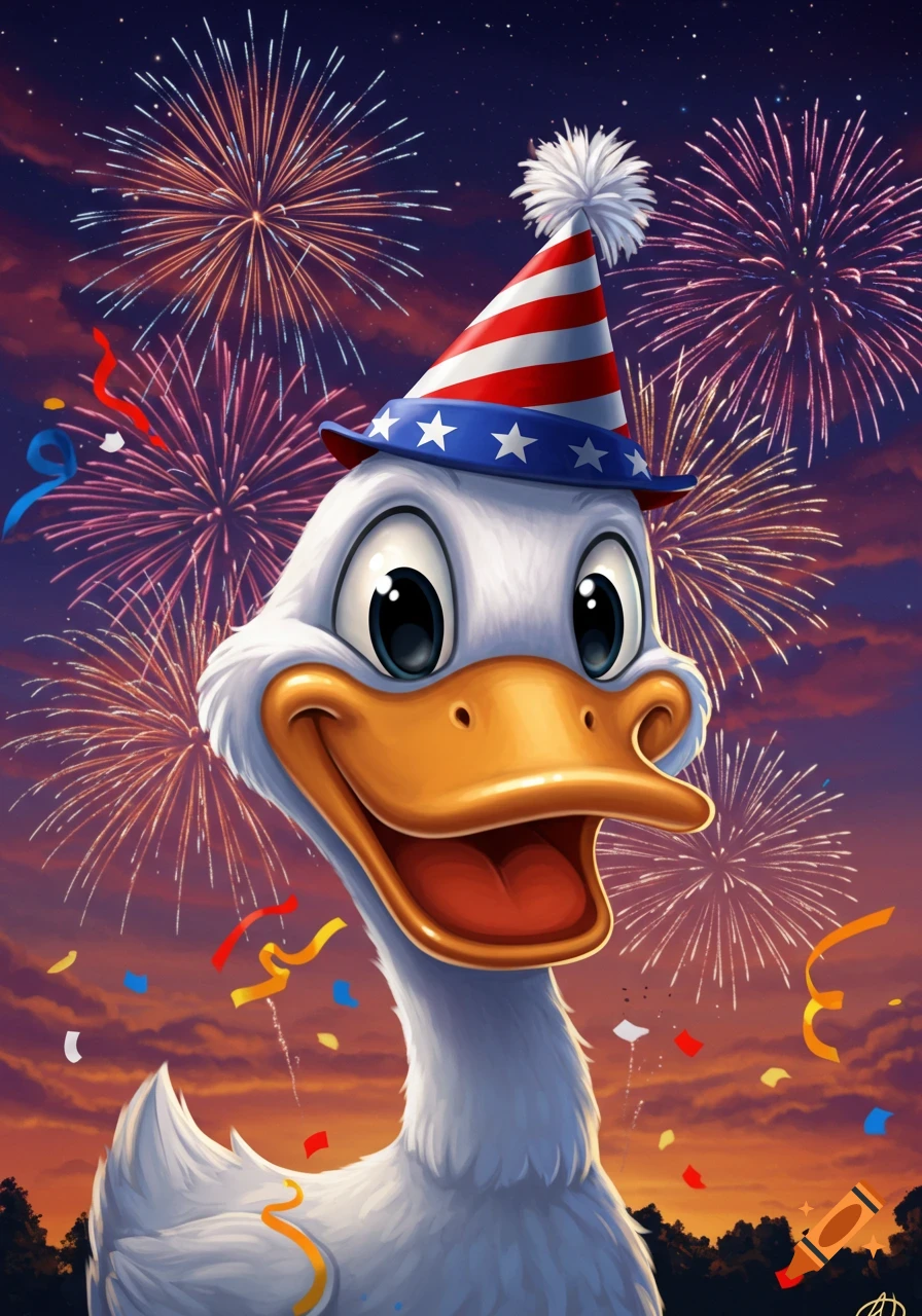 Cartoon duck wearing a patriotic party hat, smiling against a night sky filled with fireworks and confetti.