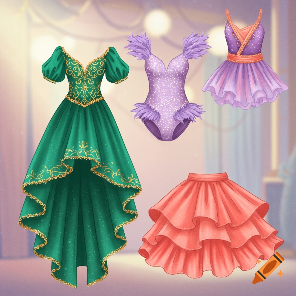 Four colorful dance costumes: a green gown, a purple feathered leotard, a purple tutu, and an orange ruffled skirt, on a blurry stage background.