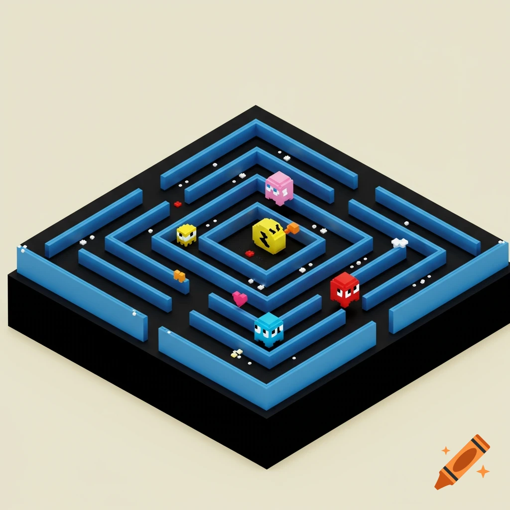 An isometric 3D Pac-Man maze with a yellow Pac-Man character, colorful ghosts, pellets, and a pink heart.