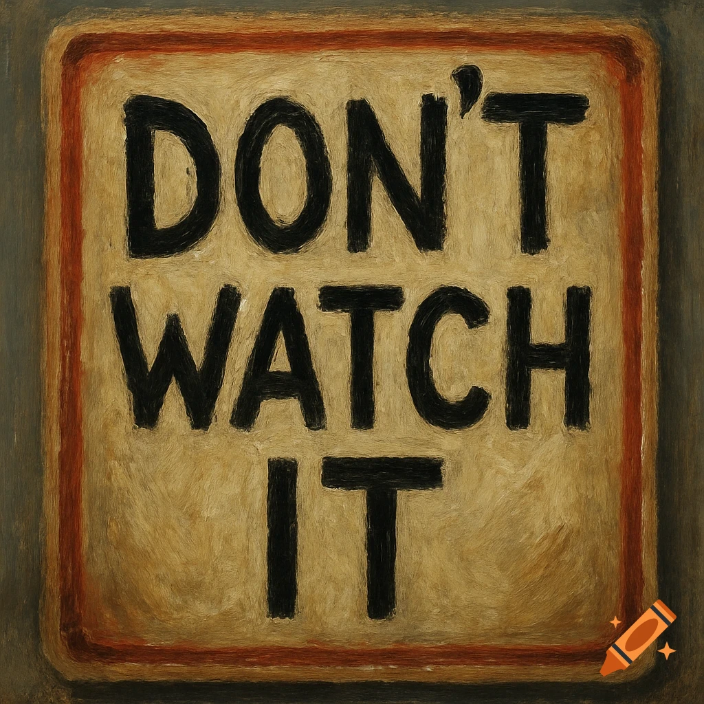 A distressed, textured painting of a rectangular sign with the bold black text 'DON'T WATCH IT'.