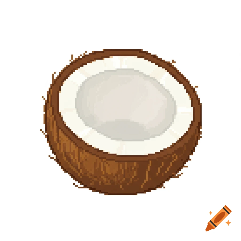 A pixel art illustration of a coconut cut in half, revealing its white flesh and brown shell.
