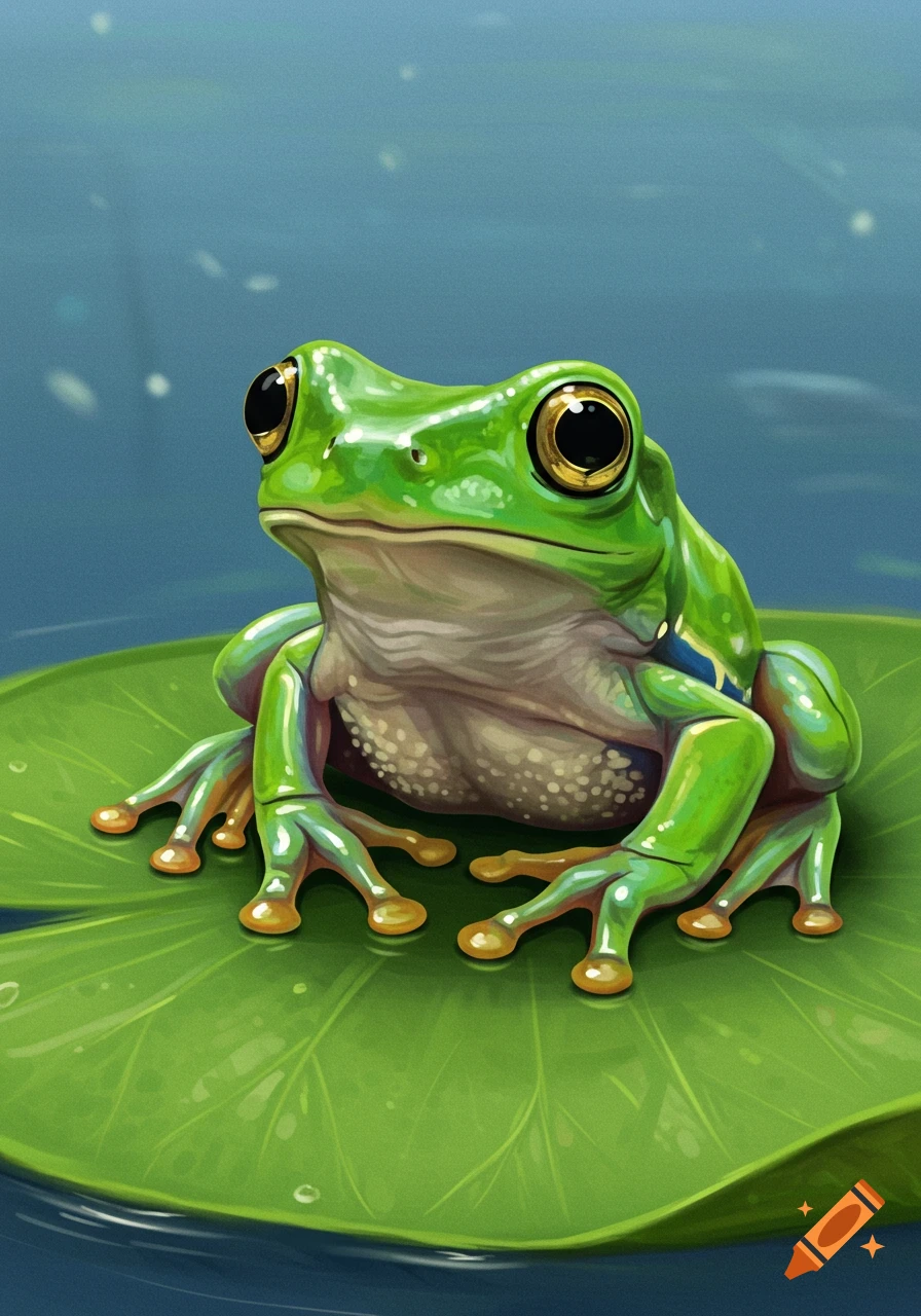 A detailed illustration of a vibrant green frog with large gold eyes sitting on a green lily pad.