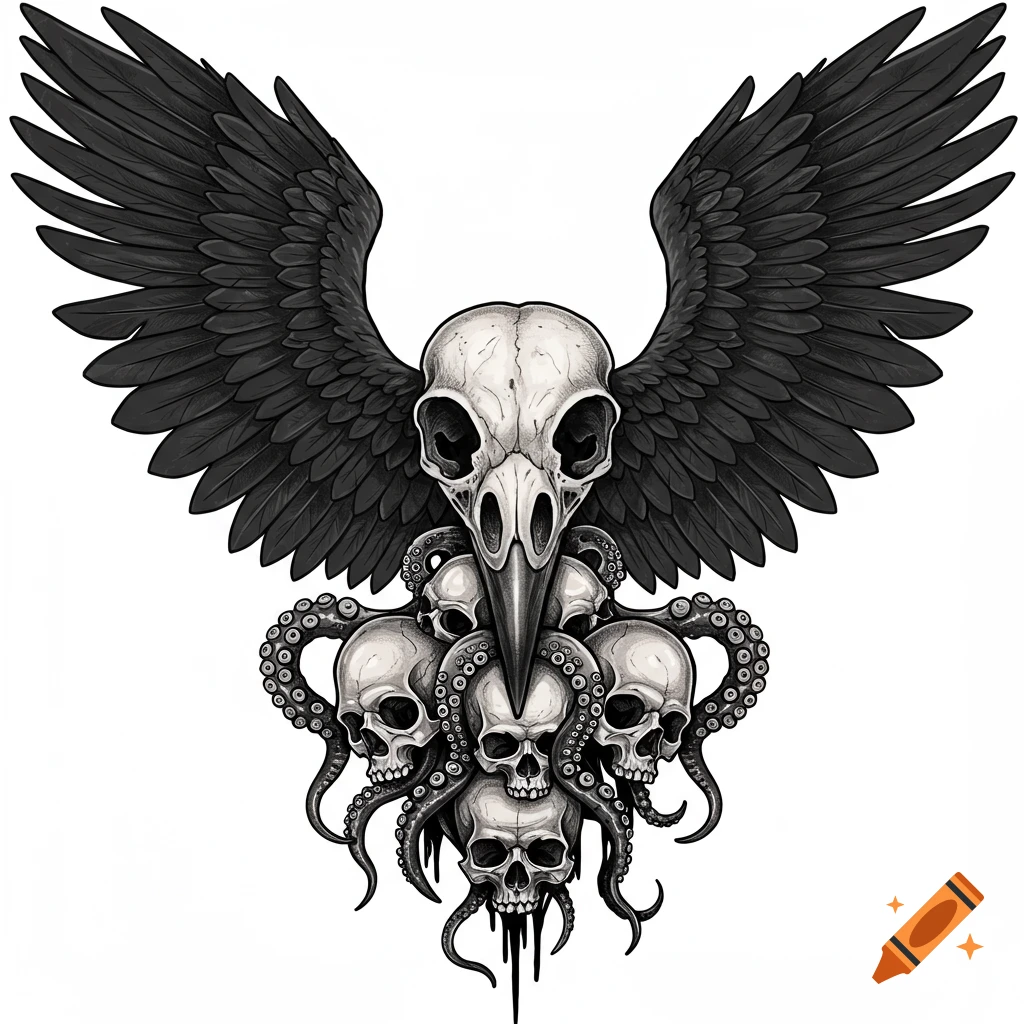 A black and white gothic illustration of a crow skull with large wings, from which tentacles emerge to hold five human skulls below.