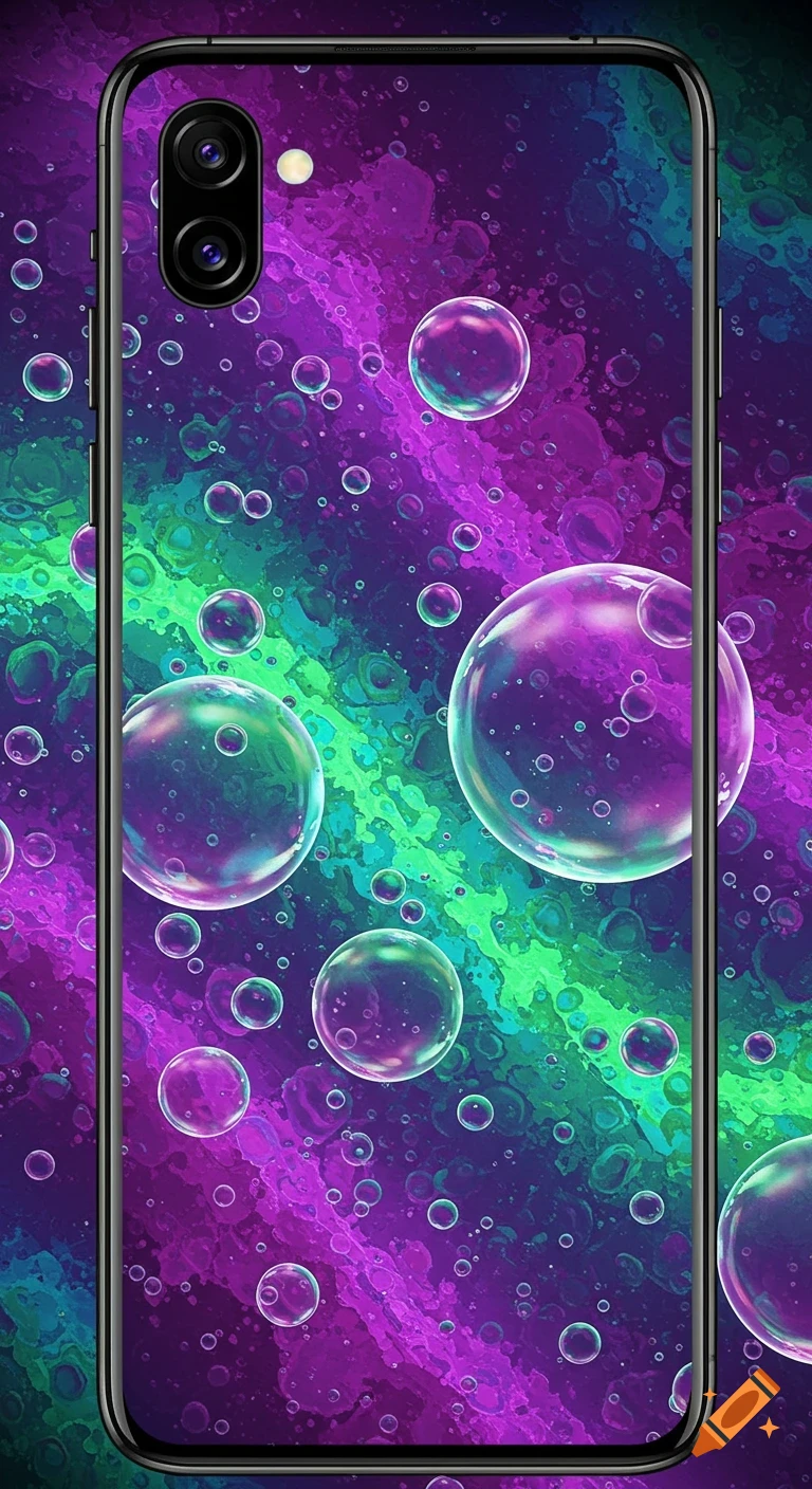 A smartphone displaying a vibrant, trippy wallpaper with glowing purple, green, and blue abstract patterns and many translucent bubbles.