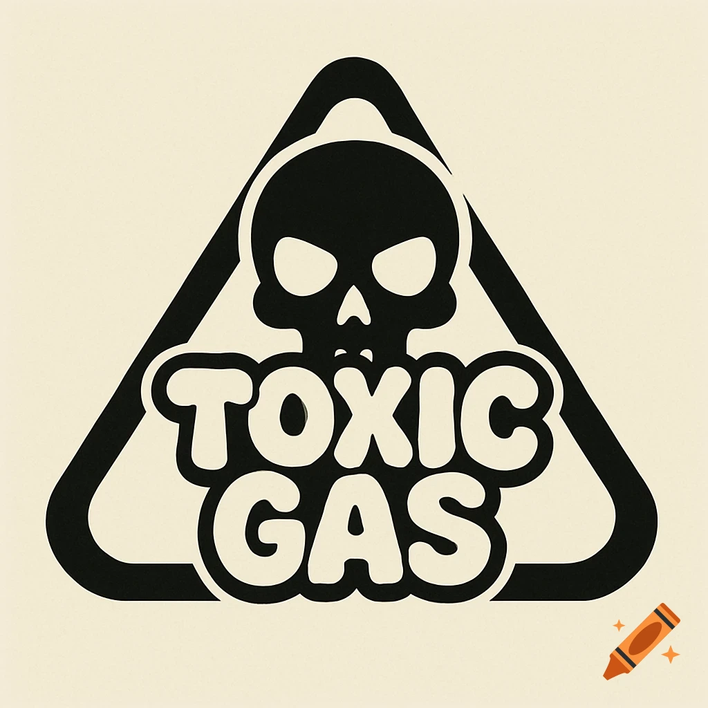 A black and white warning sign featuring a skull above the words 'TOXIC GAS' in bubble letters, set within a triangle.
