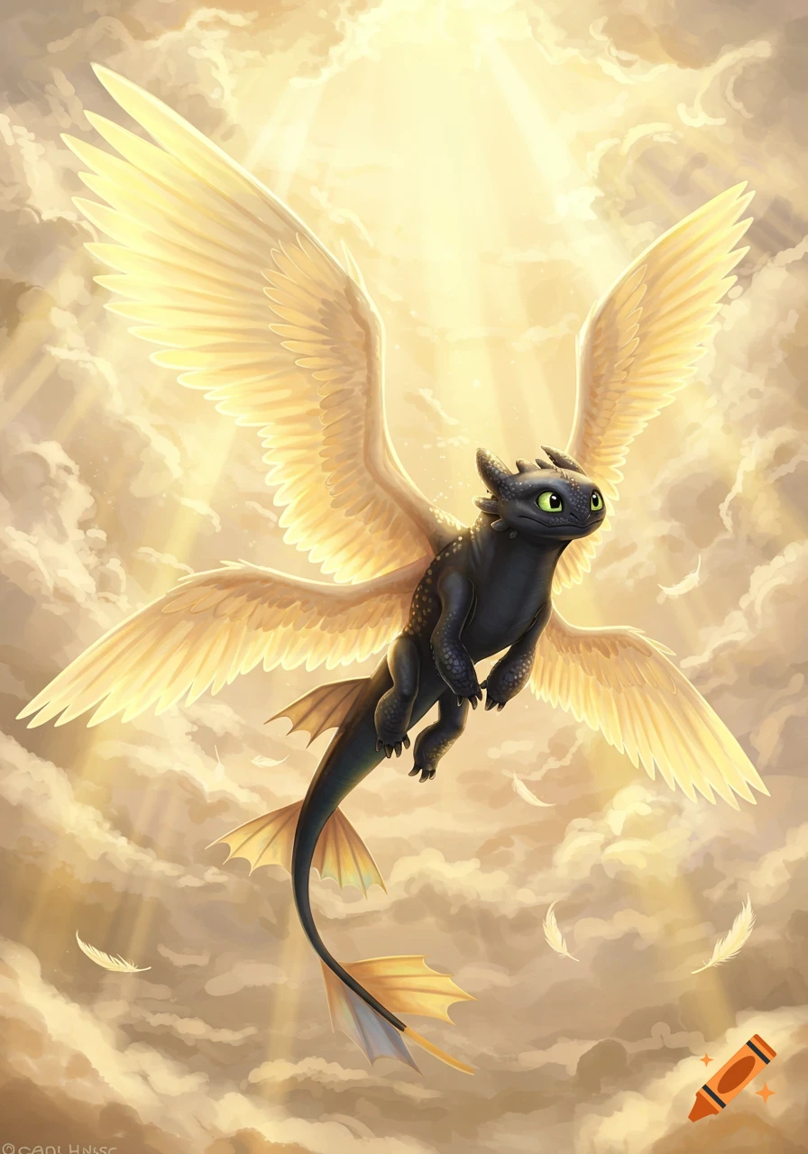 Toothless, the black dragon, flying with large golden wings through sunlit clouds, resembling a seraphim.