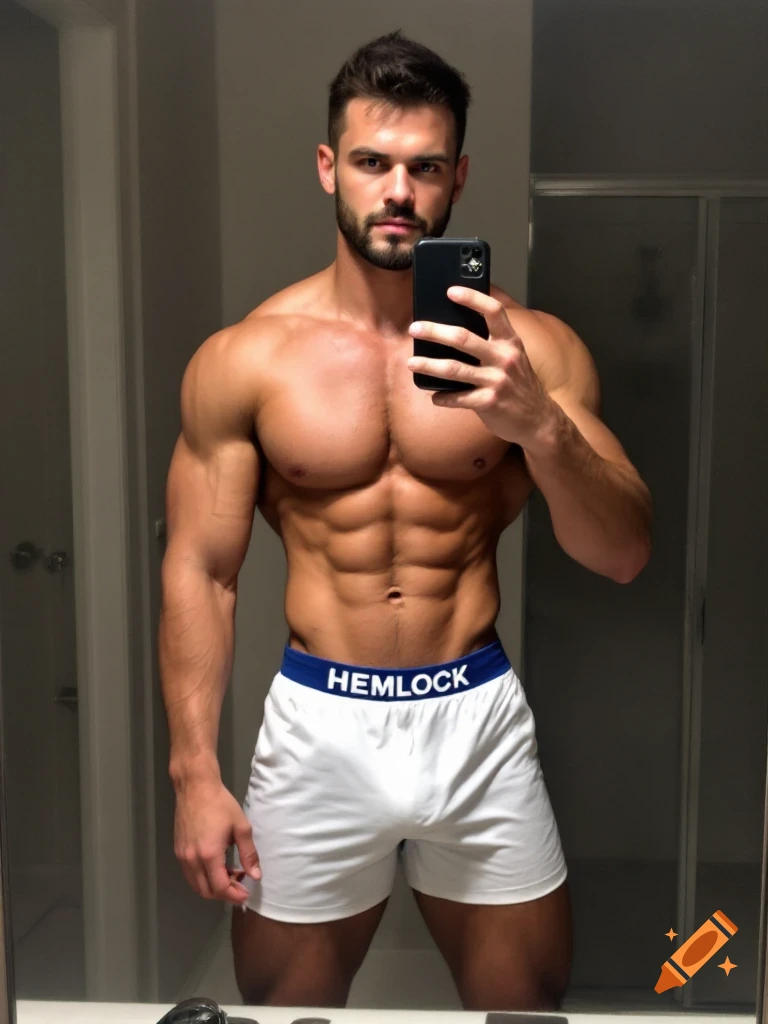Muscular man in white shorts taking a selfie in a mirror.