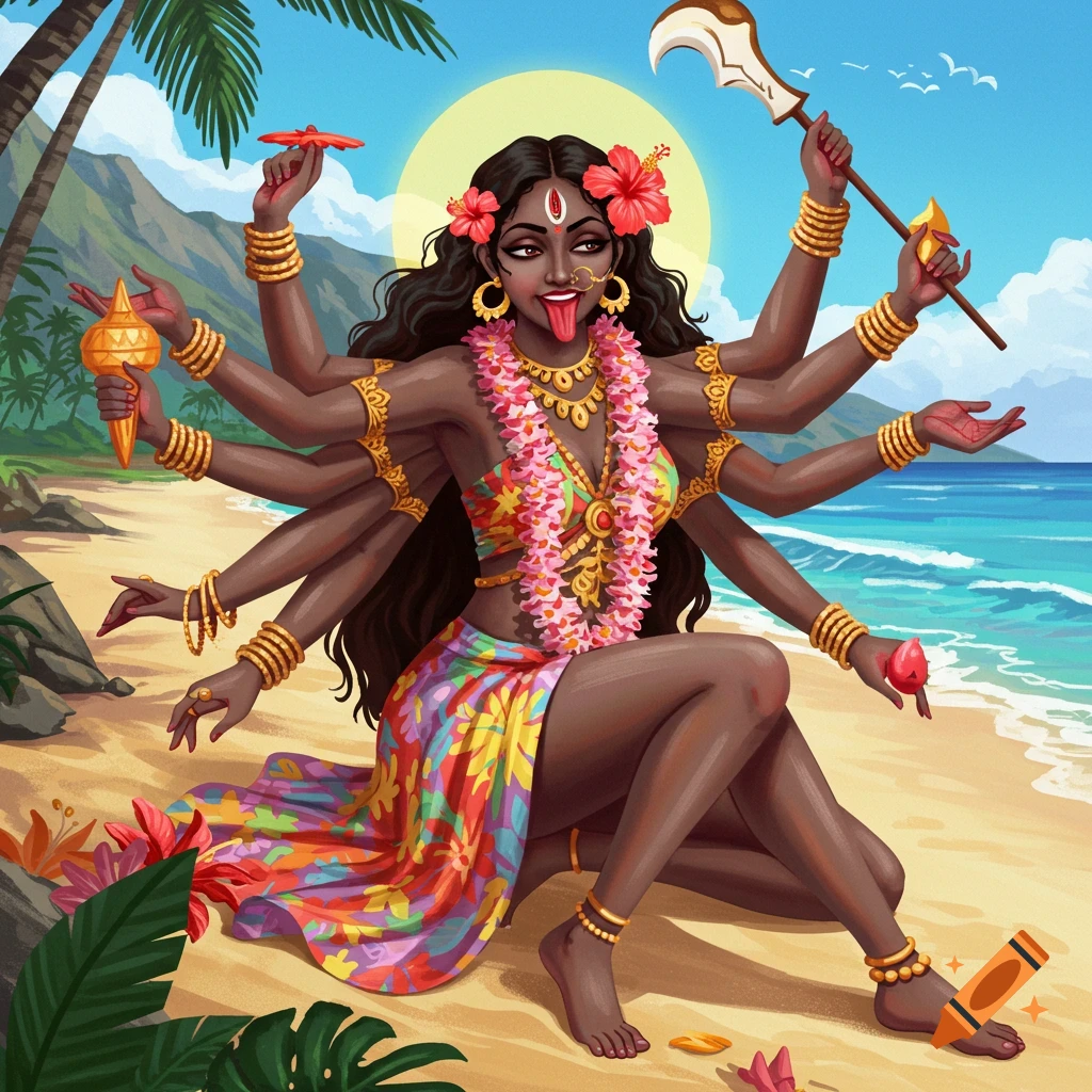 Kali, a multi-armed Hindu goddess with dark skin and long hair, adorned with hibiscus flowers and garlands, sits on a tropical beach.