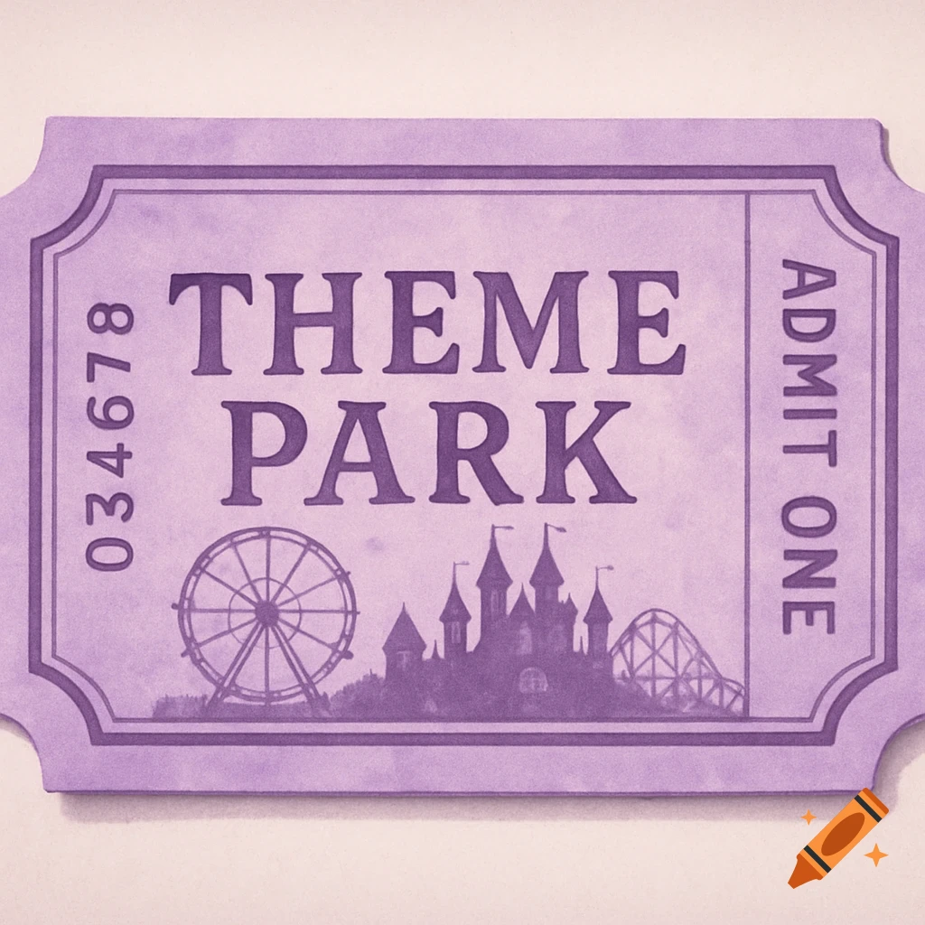 A light purple theme park ticket with 'THEME PARK' written on it, featuring illustrations of a Ferris wheel and a castle.