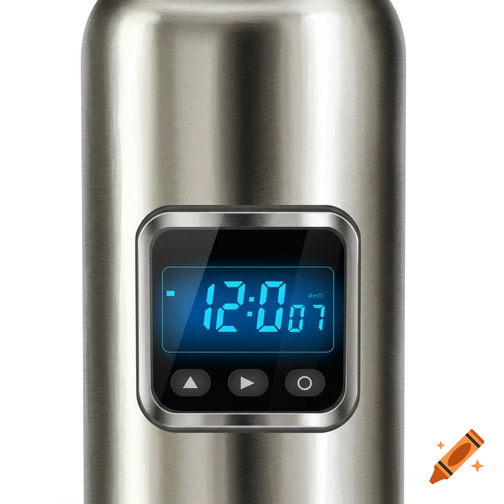 Close-up of a stainless steel water bottle with a blue digital timer displaying 12:07.