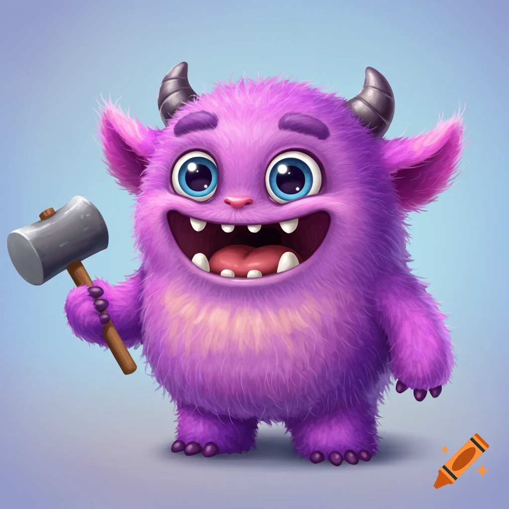A cute purple fuzzy monster with horns, big blue eyes, and an open smile holds a hammer.
