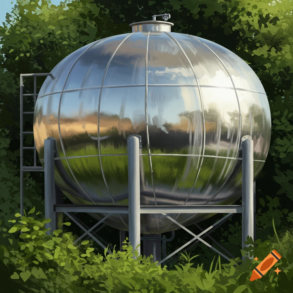 A large, spherical metallic water tank stands amidst lush green trees and bushes, rendered in a digital painting style.